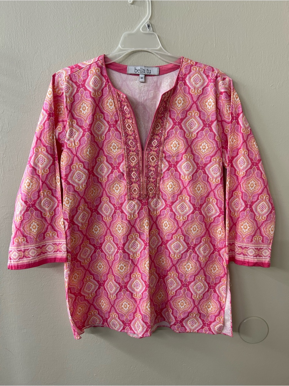 Bella Tu Pink Patterned Beaded Tunic Top Sz M